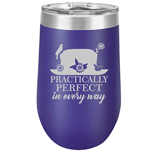 16 oz Double Wall Vacuum Insulated Stainless Steel Stemless Wine Tumbler Glass Coffee Travel Mug With Lid Practically Perfect In Every Way (Purple)