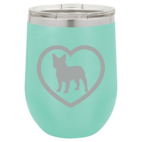 12 oz Double Wall Vacuum Insulated Stainless Steel Stemless Wine Tumbler Glass Coffee Travel Mug With Lid French Bulldog Heart (Teal)