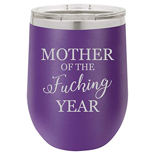 12 oz Double Wall Vacuum Insulated Stainless Steel Stemless Wine Tumbler Glass Coffee Travel Mug With Lid Mother Of The Fcking Year Funny Mom (Purple)