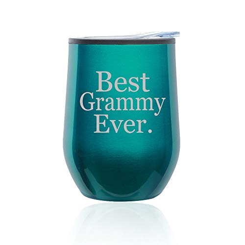 Stemless Wine Tumbler Coffee Travel Mug Glass With Lid Best Grammy Ever Grandma Grandmother (Turquoise Teal)