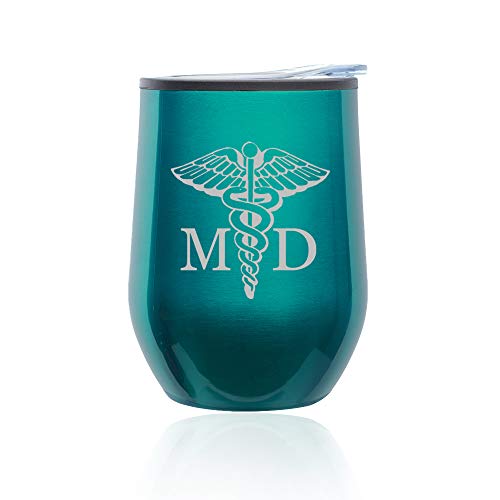 Stemless Wine Tumbler Coffee Travel Mug Glass With Lid Medical Symbol MD Medical Doctor (Turquoise Teal)