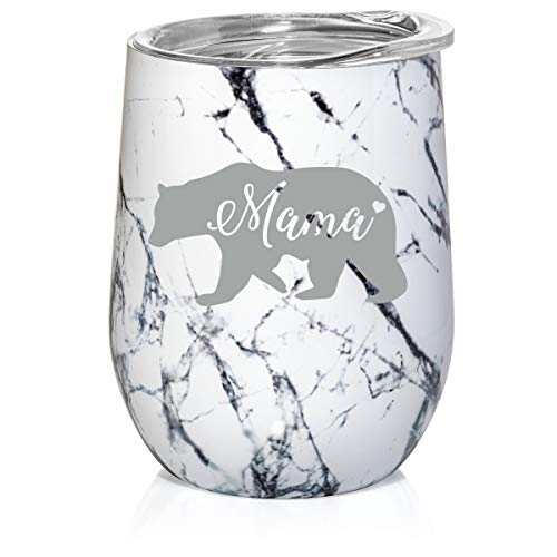 12 oz Double Wall Vacuum Insulated Stainless Steel Marble Stemless Wine Tumbler Glass Coffee Travel Mug With Lid Mama Bear Mom Mother (Black White Marble)