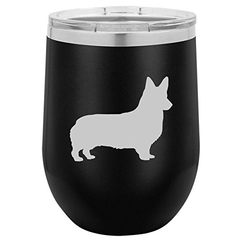 12 oz Double Wall Vacuum Insulated Stainless Steel Stemless Wine Tumbler Glass Coffee Travel Mug With Lid Corgi (Black)