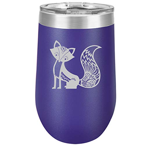 16 oz Double Wall Vacuum Insulated Stainless Steel Stemless Wine Tumbler Glass Coffee Travel Mug With Lid Fancy Fox (Purple)