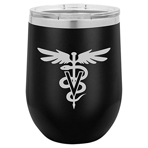 12 oz Double Wall Vacuum Insulated Stainless Steel Stemless Wine Tumbler Glass Coffee Travel Mug With Lid Vet Veterinarian Symbol (Black)