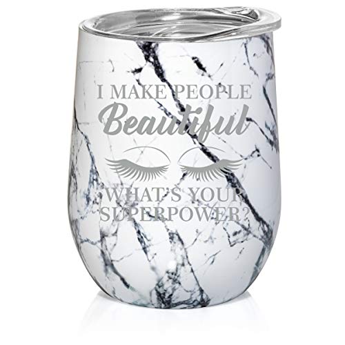 12 oz Double Wall Vacuum Insulated Stainless Steel Marble Stemless Wine Tumbler Glass Coffee Travel Mug With Lid I Make People Beautiful What's Your Superpower Lash Makeup (Black White Marble)