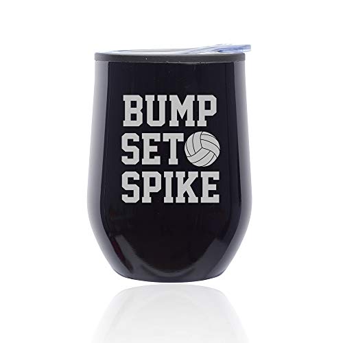 Stemless Wine Tumbler Coffee Travel Mug Glass With Lid Bump Set Spike Volleyball (Midnight Black)