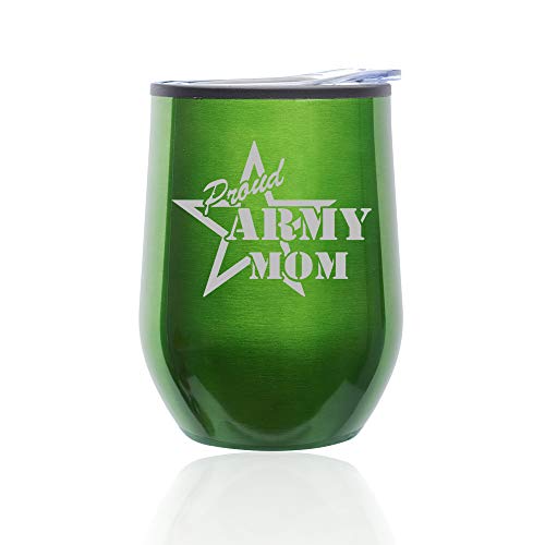 Stemless Wine Tumbler Coffee Travel Mug Glass With Lid Proud Army Mom (Green)