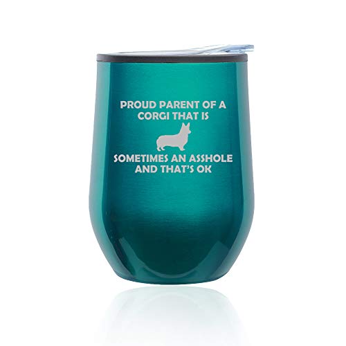 Stemless Wine Tumbler Coffee Travel Mug Glass With Lid Proud Parent Corgi (Turquoise Teal)