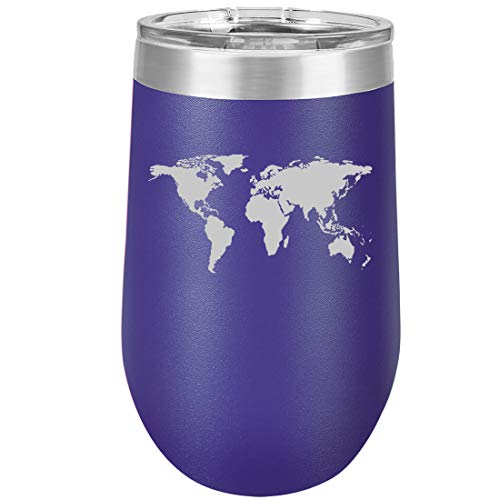 16 oz Double Wall Vacuum Insulated Stainless Steel Stemless Wine Tumbler Glass Coffee Travel Mug With Lid World Map (Purple)