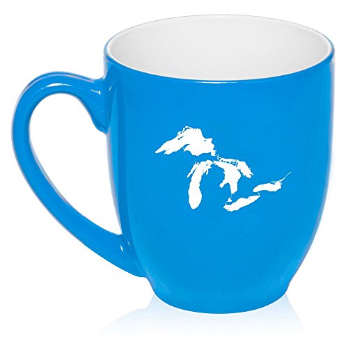 16 oz Large Bistro Mug Ceramic Coffee Tea Glass Cup Great Lakes Michigan (Light Blue)