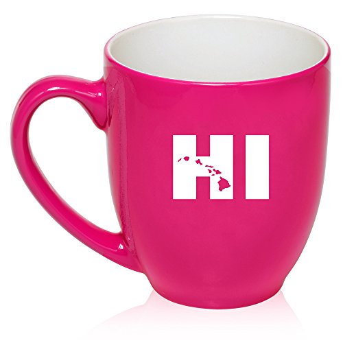 16 oz Large Bistro Mug Ceramic Coffee Tea Glass Cup HI Hawaiian Islands Hawaii (Hot Pink)