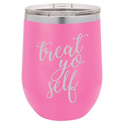 12 oz Double Wall Vacuum Insulated Stainless Steel Stemless Wine Tumbler Glass Coffee Travel Mug With Lid Treat Yo Self (Hot-Pink)