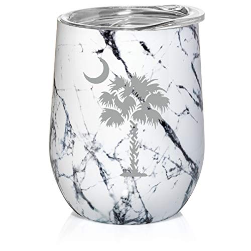 12 oz Double Wall Vacuum Insulated Stainless Steel Marble Stemless Wine Tumbler Glass Coffee Travel Mug With Lid Palmetto Tree South Carolina Palm Moon (Black White Marble)