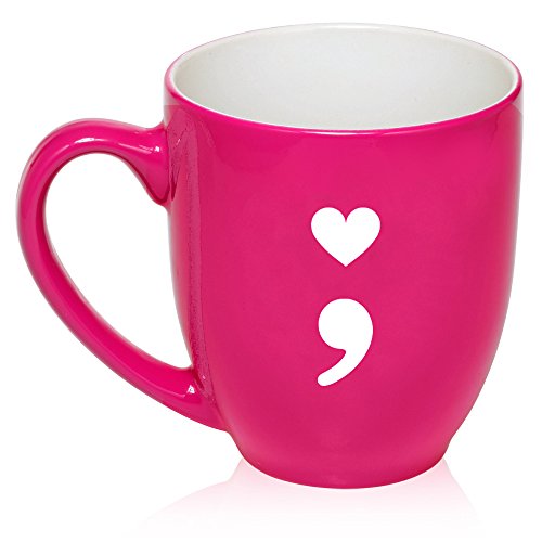 16 oz Large Bistro Mug Ceramic Coffee Tea Glass Cup Heart Semicolon (Hot Pink)