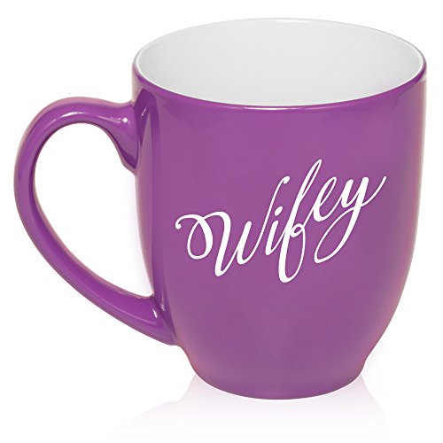 16 oz Large Bistro Mug Ceramic Coffee Tea Glass Cup Wifey Wife (Purple)