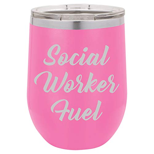 12 oz Double Wall Vacuum Insulated Stainless Steel Stemless Wine Tumbler Glass Coffee Travel Mug With Lid Social Worker Fuel (Hot-Pink)
