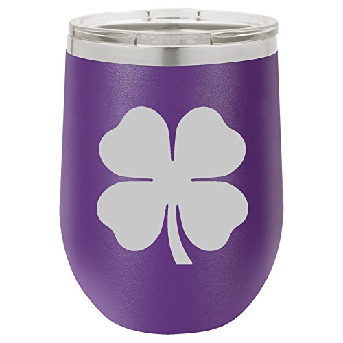 12 oz Double Wall Vacuum Insulated Stainless Steel Stemless Wine Tumbler Glass Coffee Travel Mug With Lid 4 Leaf Clover Shamrock (Purple)