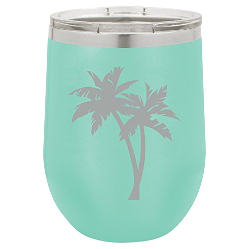 12 oz Double Wall Vacuum Insulated Stainless Steel Stemless Wine Tumbler Glass Coffee Travel Mug With Lid Palm Trees (Teal)