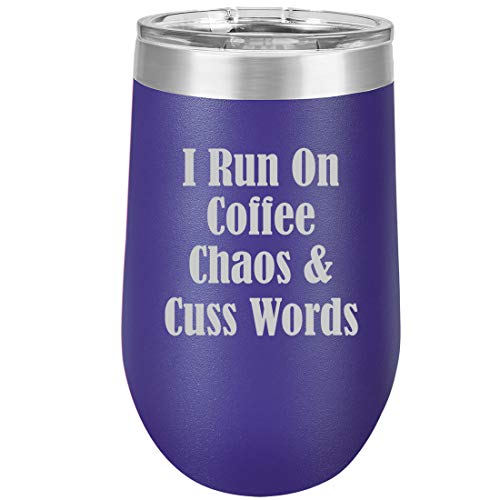 16 oz Double Wall Vacuum Insulated Stainless Steel Stemless Wine Tumbler Glass Coffee Travel Mug With Lid I Run On Coffee Chaos & Cuss Words Funny (Purple)