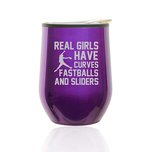 Stemless Wine Tumbler Coffee Travel Mug Glass With Lid Real Girls Curves Softball (Royal Purple)