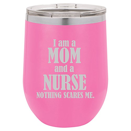 12 oz Double Wall Vacuum Insulated Stainless Steel Stemless Wine Tumbler Glass Coffee Travel Mug With Lid Nurse Mom (Hot-Pink)