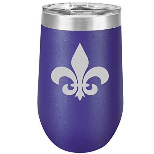 16 oz Double Wall Vacuum Insulated Stainless Steel Stemless Wine Tumbler Glass Coffee Travel Mug With Lid Fleur-De-Lis (Purple)