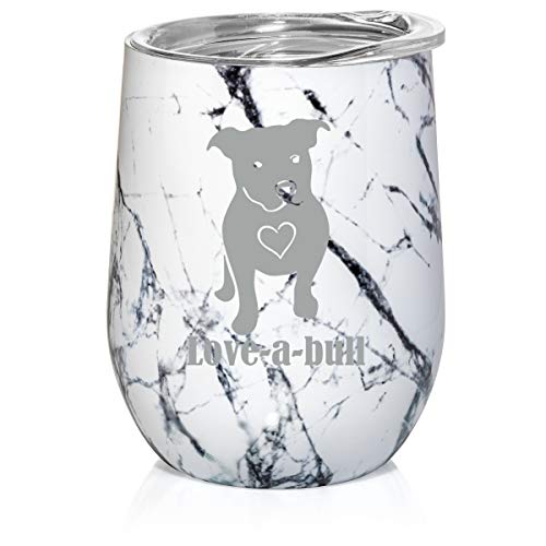 12 oz Double Wall Vacuum Insulated Stainless Steel Marble Stemless Wine Tumbler Glass Coffee Travel Mug With Lid Love-A-Bull Pit Bull Love (Black White Marble)