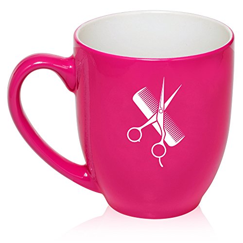 16 oz Hot Pink Large Bistro Mug Ceramic Coffee Tea Glass Cup Hair Cutting Dresser Scissors Comb
