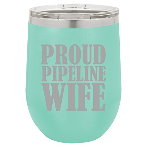 12 oz Double Wall Vacuum Insulated Stainless Steel Stemless Wine Tumbler Glass Coffee Travel Mug With Lid Proud Pipeline Wife (Teal)