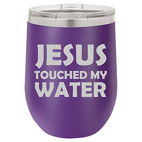 12 oz Double Wall Vacuum Insulated Stainless Steel Stemless Wine Tumbler Glass Coffee Travel Mug With Lid Funny Jesus Touched My Water (Purple)