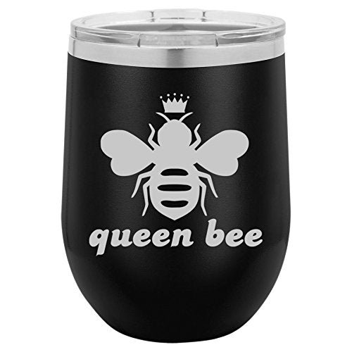 12 oz Double Wall Vacuum Insulated Stainless Steel Stemless Wine Tumbler Glass Coffee Travel Mug With Lid Queen Bee (Black)