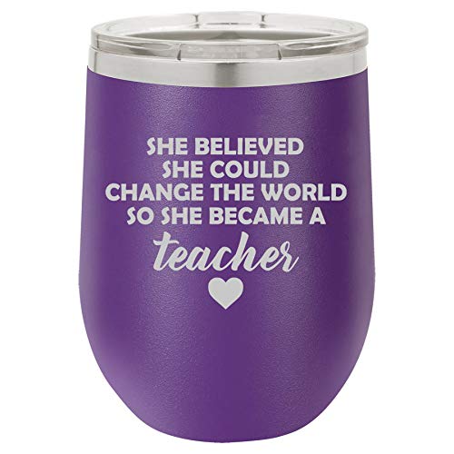 12 oz Double Wall Vacuum Insulated Stainless Steel Stemless Wine Tumbler Glass Coffee Travel Mug With Lid She Believed She Could Change The World So She Became A Teacher (Purple)