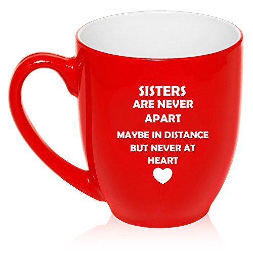 16 oz Large Bistro Mug Ceramic Coffee Tea Glass Cup Sisters Long Distance Love (Red)