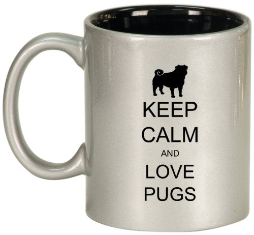 Silver Ceramic Coffee Tea Mug Keep Calm and Love Pugs