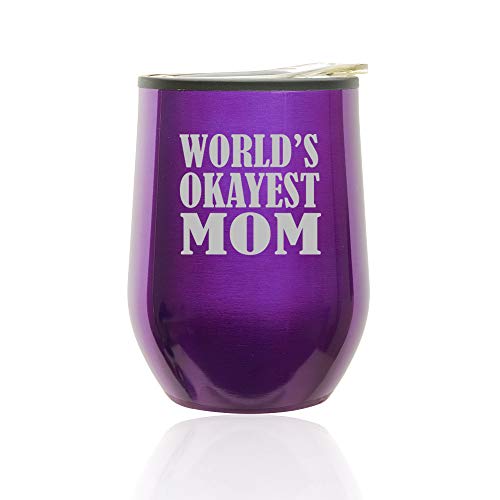Stemless Wine Tumbler Coffee Travel Mug Glass With Lid World's Okayest Mom (Royal Purple)