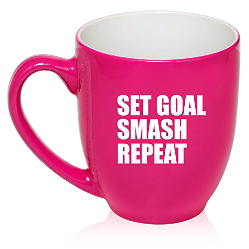 16 oz Large Bistro Mug Ceramic Coffee Tea Glass Cup Set Goal Smash Repeat Motivational Graduation (Hot Pink)