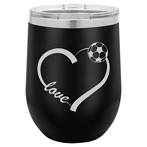 12 oz Double Wall Vacuum Insulated Stainless Steel Stemless Wine Tumbler Glass Coffee Travel Mug With Lid Love Heart Soccer (Black)