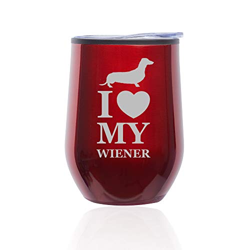 Stemless Wine Tumbler Coffee Travel Mug Glass With Lid I Love My Wiener Dachshund (Red)