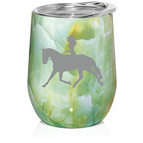 12 oz Double Wall Vacuum Insulated Stainless Steel Marble Stemless Wine Tumbler Glass Coffee Travel Mug With Lid Cowgirl Riding Horse (Turquoise Green Marble)