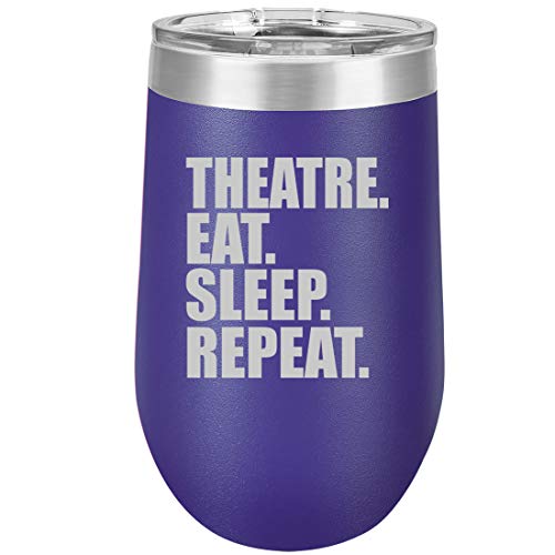 16 oz Double Wall Vacuum Insulated Stainless Steel Stemless Wine Tumbler Glass Coffee Travel Mug With Lid Theatre Eat Sleep Repeat (Purple)