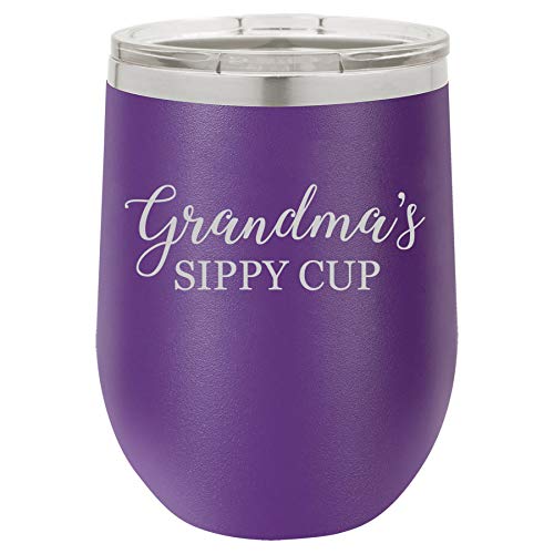 12 oz Double Wall Vacuum Insulated Stainless Steel Stemless Wine Tumbler Glass Coffee Travel Mug With Lid Grandma's Sippy Cup Grandmother Funny (Purple)