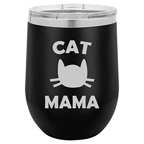 12 oz Double Wall Vacuum Insulated Stainless Steel Stemless Wine Tumbler Glass Coffee Travel Mug With Lid Cat Mama (Black)