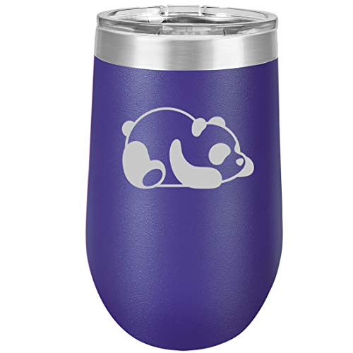 16 oz Double Wall Vacuum Insulated Stainless Steel Stemless Wine Tumbler Glass Coffee Travel Mug With Lid Lazy Panda (Purple)