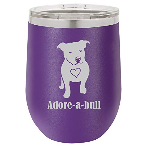 12 oz Double Wall Vacuum Insulated Stainless Steel Stemless Wine Tumbler Glass Coffee Travel Mug With Lid Adore-A-Bull Pit Bull (Purple)