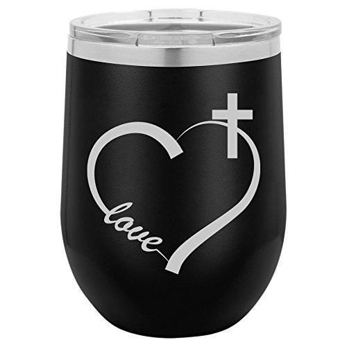 12 oz Double Wall Vacuum Insulated Stainless Steel Stemless Wine Tumbler Glass Coffee Travel Mug With Lid Love Heart Cross Christian (Black)