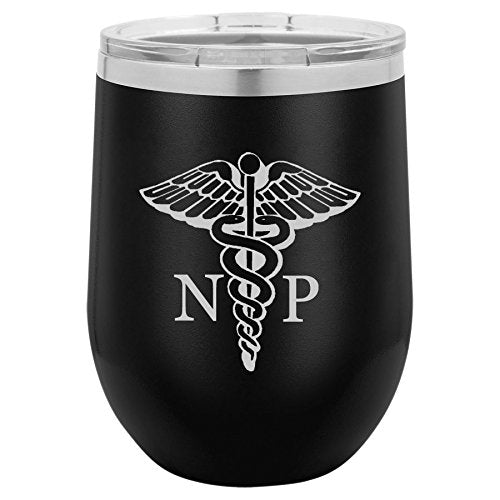 12 oz Double Wall Vacuum Insulated Stainless Steel Stemless Wine Tumbler Glass Coffee Travel Mug With Lid NP Nurse Practitioner Caduceus (Black)