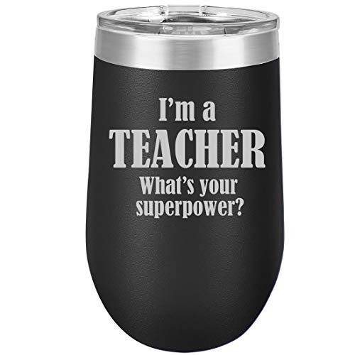 16 oz Double Wall Vacuum Insulated Stainless Steel Stemless Wine Tumbler Glass Coffee Travel Mug With Lid Teacher Superpower
