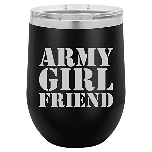 12 oz Double Wall Vacuum Insulated Stainless Steel Stemless Wine Tumbler Glass Coffee Travel Mug With Lid Army Girlfriend (Black)