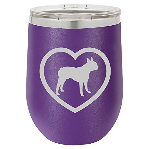 12 oz Double Wall Vacuum Insulated Stainless Steel Stemless Wine Tumbler Glass Coffee Travel Mug With Lid Boston Terrier Heart (Purple)